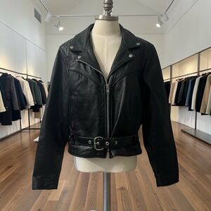 Vintage California Creations Black Leather Moto Jacket H.O.G. Patch Size 16 USA